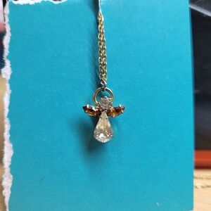 Gold-Tone Angel Pendant Necklace with Clear and Amber Crystals